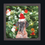 Great Dane w Christmas Tree Gift Boxes Santa Hat<br><div class="desc">A cute Great Dane dog wearing Red Santa Hat and posing in front of nicely decorated Christmas Tree,  with gift boxes snow man,  teddy bear,  Christmas ornaments. A perfect gift on this Christmas!</div>