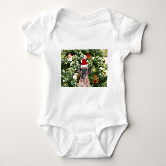 Great Dane w Christmas Tree Gift Boxes Santa Hat Baby Bodysuit (Front)