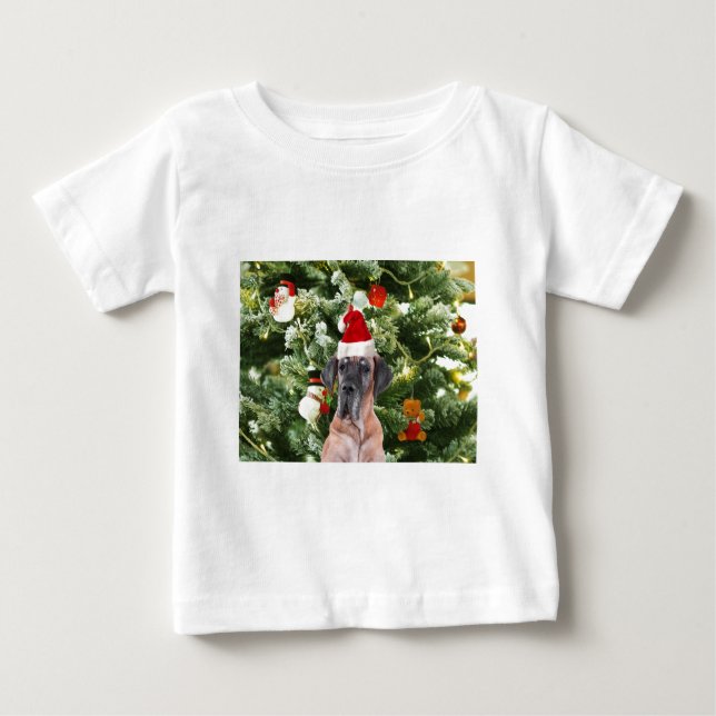 Great Dane w Christmas Tree Gift Boxes Santa Hat Baby T-Shirt (Front)