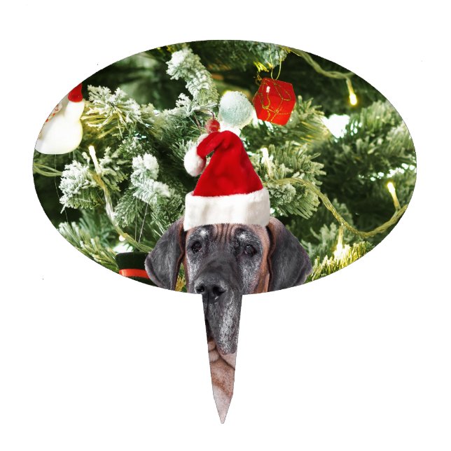Great Dane w Christmas Tree Gift Boxes Santa Hat Cake Topper (Front)