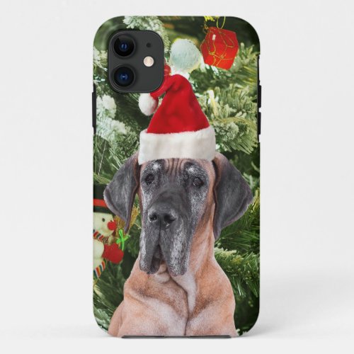 Great Dane w Christmas Tree Gift Boxes Santa Hat iPhone 11 Case