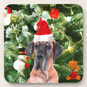 Great Dane w Christmas Tree Gift Boxes Santa Hat Coaster