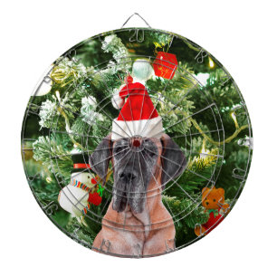 Great Dane w Christmas Tree Gift Boxes Santa Hat Dart Board