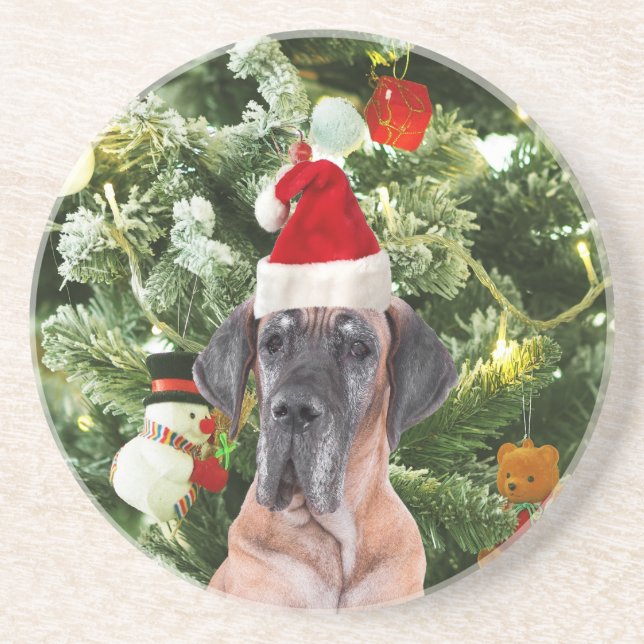 Great Dane w Christmas Tree Gift Boxes Santa Hat Drink Coaster (Front)