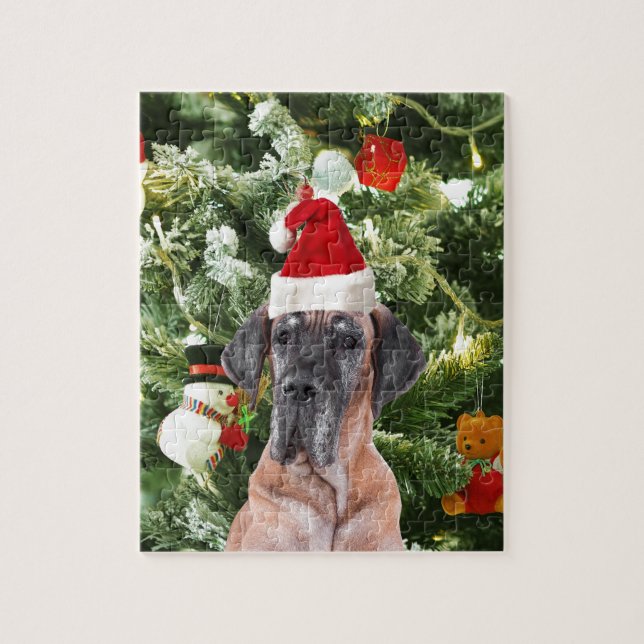 Great Dane w Christmas Tree Gift Boxes Santa Hat Jigsaw Puzzle (Vertical)