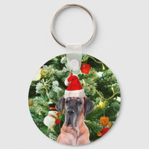 Great Dane w Christmas Tree Gift Boxes Santa Hat Keychain