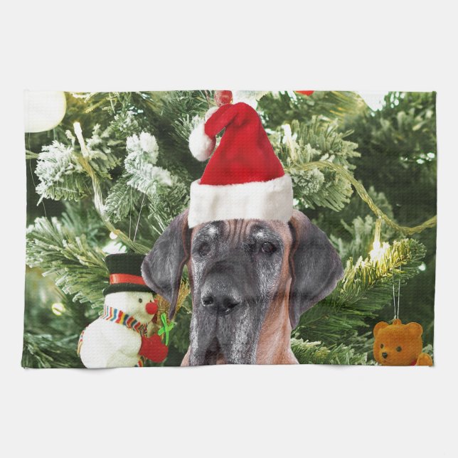 Great Dane w Christmas Tree Gift Boxes Santa Hat Kitchen Towel (Horizontal)