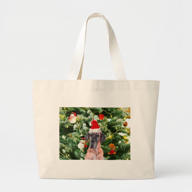 Great Dane w Christmas Tree Gift Boxes Santa Hat Large Tote Bag (Front)