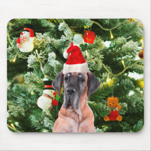 Great Dane w Christmas Tree Gift Boxes Santa Hat Mouse Pad