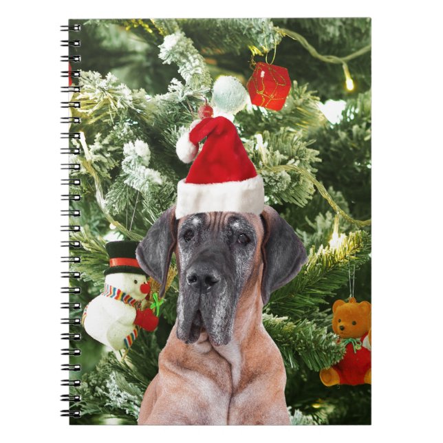 Great Dane w Christmas Tree Gift Boxes Santa Hat Notebook (Front)