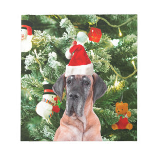 Great Dane w Christmas Tree Gift Boxes Santa Hat Notepad