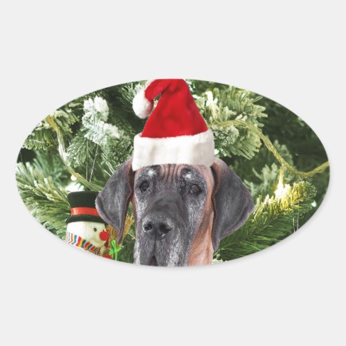 Great Dane w Christmas Tree Gift Boxes Santa Hat Oval Sticker