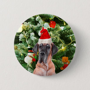 Great Dane w Christmas Tree Gift Boxes Santa Hat Pinback Button