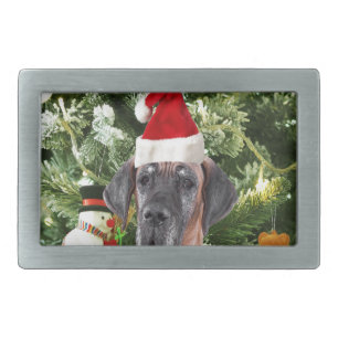 Great Dane w Christmas Tree Gift Boxes Santa Hat Rectangular Belt Buckle