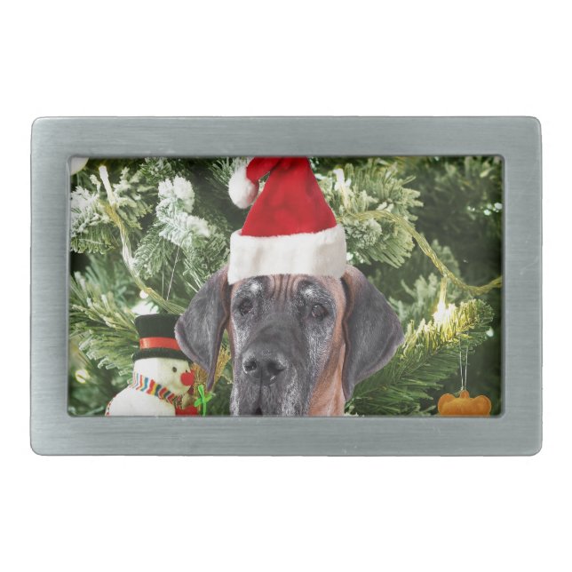 Great Dane w Christmas Tree Gift Boxes Santa Hat Rectangular Belt Buckle (Front)