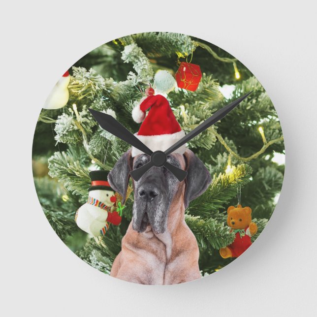 Great Dane w Christmas Tree Gift Boxes Santa Hat Round Clock (Front)