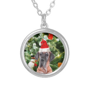 Great Dane w Christmas Tree Gift Boxes Santa Hat Silver Plated Necklace