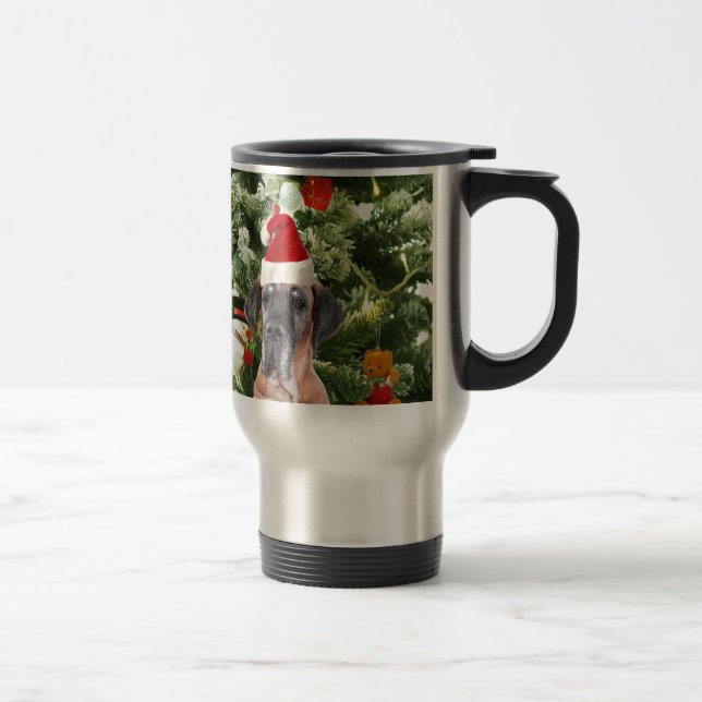 Great Dane w Christmas Tree Gift Boxes Santa Hat Travel Mug (Right)