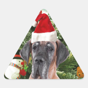 Great Dane w Christmas Tree Gift Boxes Santa Hat Triangle Sticker