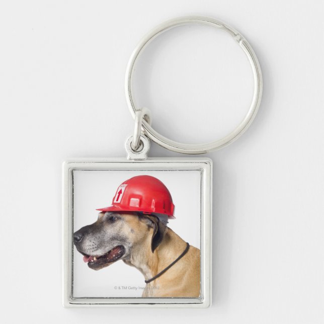 Great Dane wearing a red construction helmet Keychain (Front)