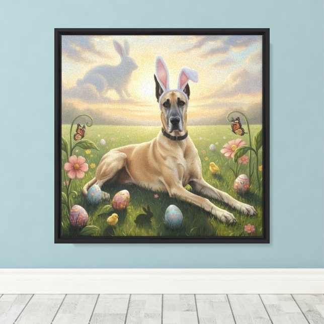 Great Dane Wearing Bunny Ears Easter Spring Meadow Canvas Print (Insitu(Wood Floor))