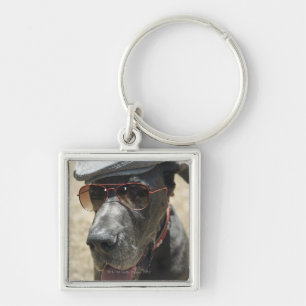 Great Dane wearing hat and sunglasses Keychain
