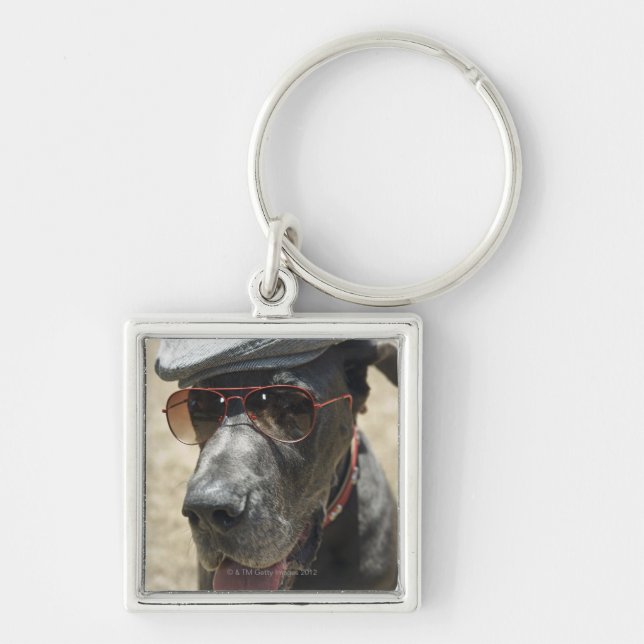 Great Dane wearing hat and sunglasses Keychain (Front)