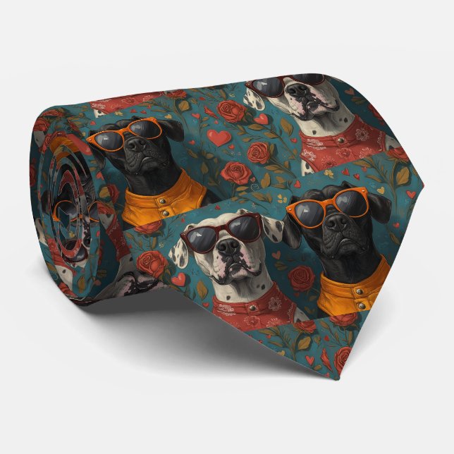 Great Dane With Heart Roses Valentine's Day Neck Tie (Rolled)