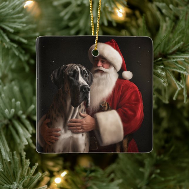Great Dane With Santa Claus Festive Christmas  Ceramic Ornament (Tree)