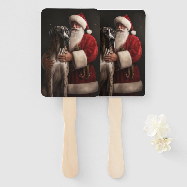 Great Dane With Santa Claus Festive Christmas  Hand Fan (Front and Back)