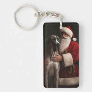 Great Dane With Santa Claus Festive Christmas Keychain