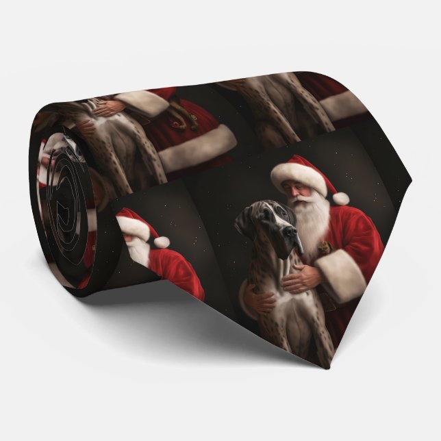 Great Dane With Santa Claus Festive Christmas  Neck Tie (Rolled)