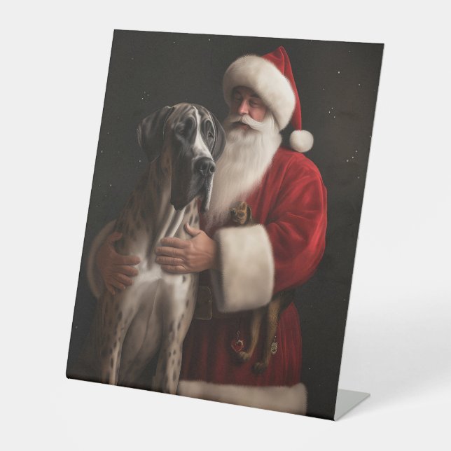 Great Dane With Santa Claus Festive Christmas  Pedestal Sign (Front)