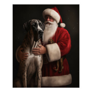 Great Dane With Santa Claus Festive Christmas Poster
