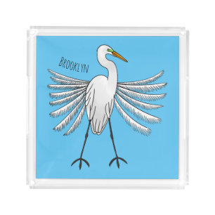 Great egret bird cartoon illustration acrylic tray
