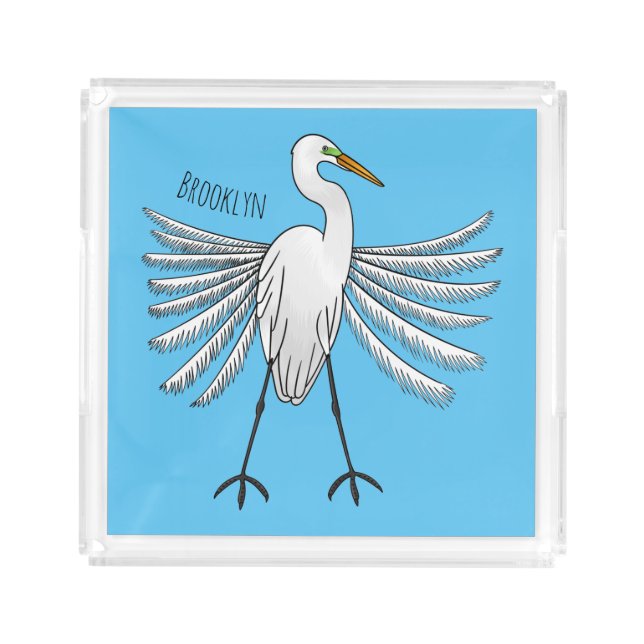 Great egret bird cartoon illustration acrylic tray (Front)
