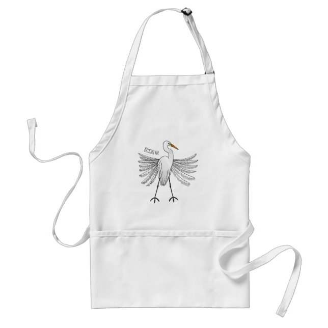 Great egret bird cartoon illustration   adult apron (Front)