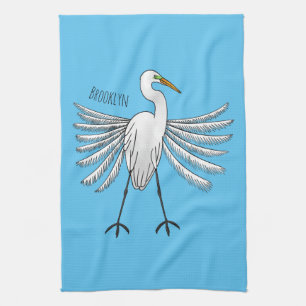Great egret bird cartoon illustration kitchen towel