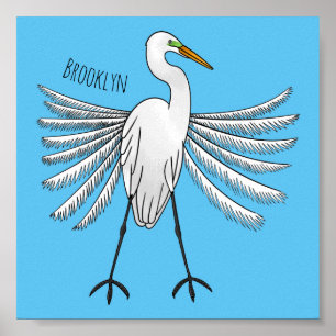 Great egret bird cartoon illustration poster