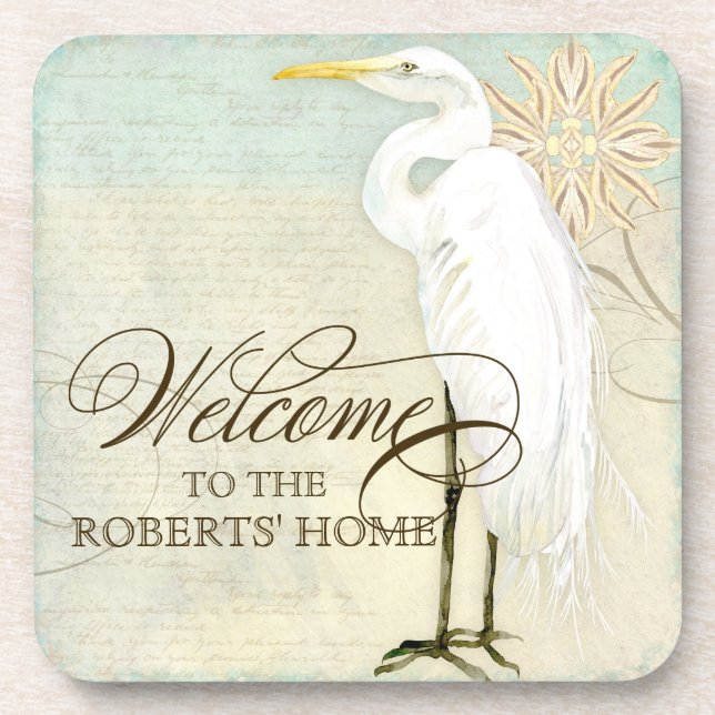 Great Egret Coastal Beach - Welcome to our Home Coaster (Front)
