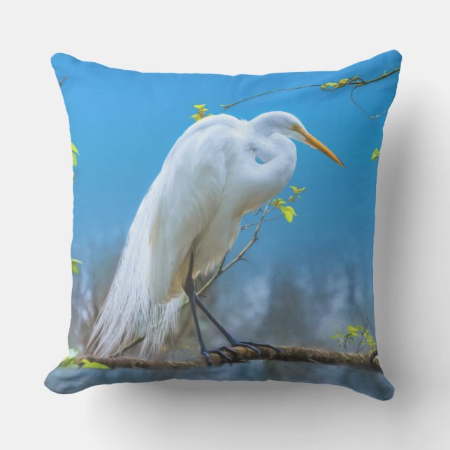 Great Egret in a Tree Outdoor Pillow (Front)