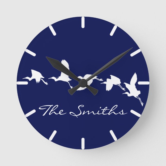 Great Egrets in Flight (Choose background color) Round Clock (Front)