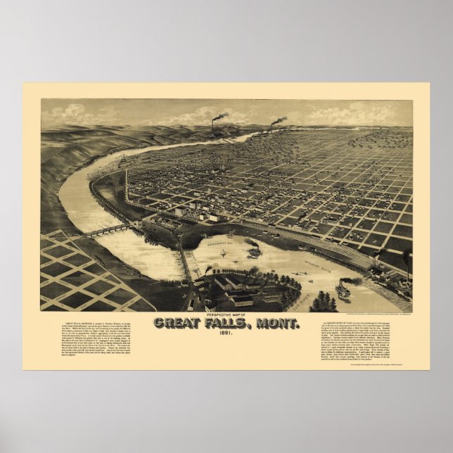 Great Falls, MT Panoramic Map - 1891 Poster (Front)