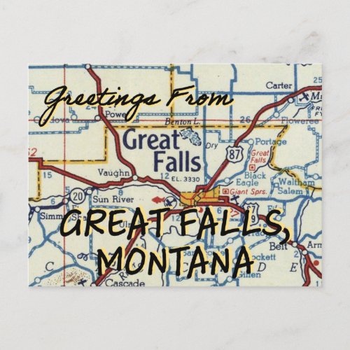 Great Falls MT Vintage Map Postcard