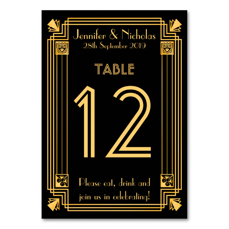 ART DECO WEDDING TABLE NUMBERS GOLD GLITTER GATSBY NAME CARDS 1920s PARTY 