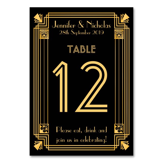 Great Gatsby 1920s Art Deco Wedding Table Number (Front)