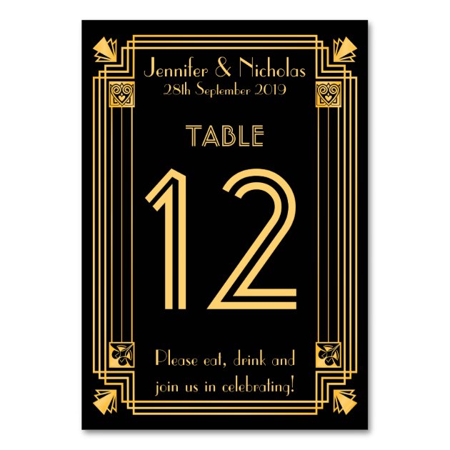 Great Gatsby 1920s Art Deco Wedding Table Number Card