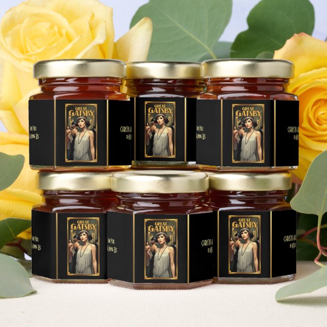 Great gatsby 1920's flapper movie poster honey jar favors (Insitu)