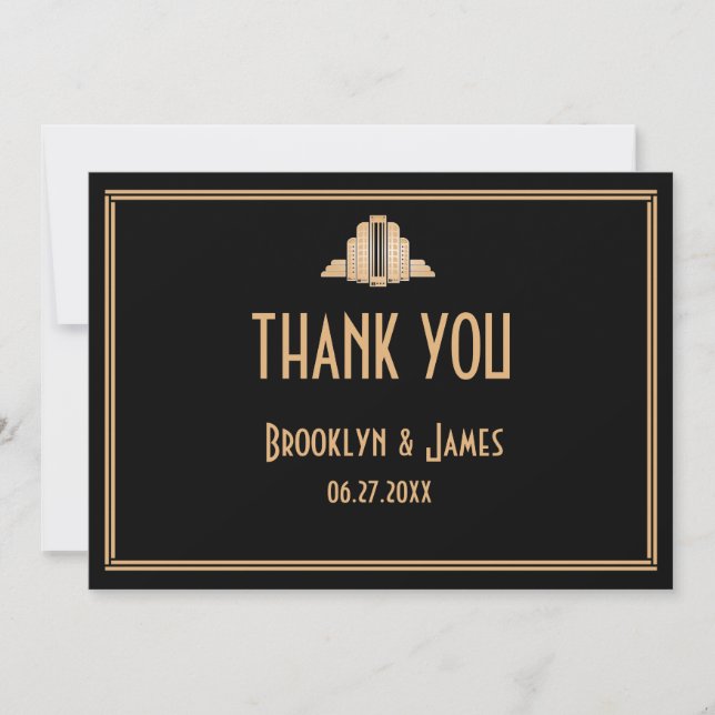 Great Gatsby Art Deco Black Wedding Thank You Card (Front)