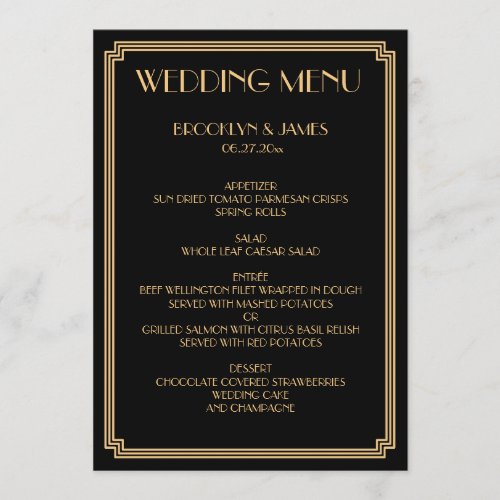 Great Gatsby Art Deco Gold Black Wedding Menu